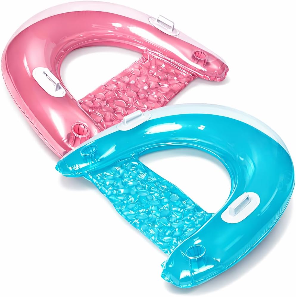 Inflatable Pool Chair Float (2 Pack) Pool Floats Adult Size with Drink & Phone Holder - Heavy Duty Lounger Floating Recliner Blow Up Floaties Hammock Noodle Water Floaty Lake Beach Tanning Float