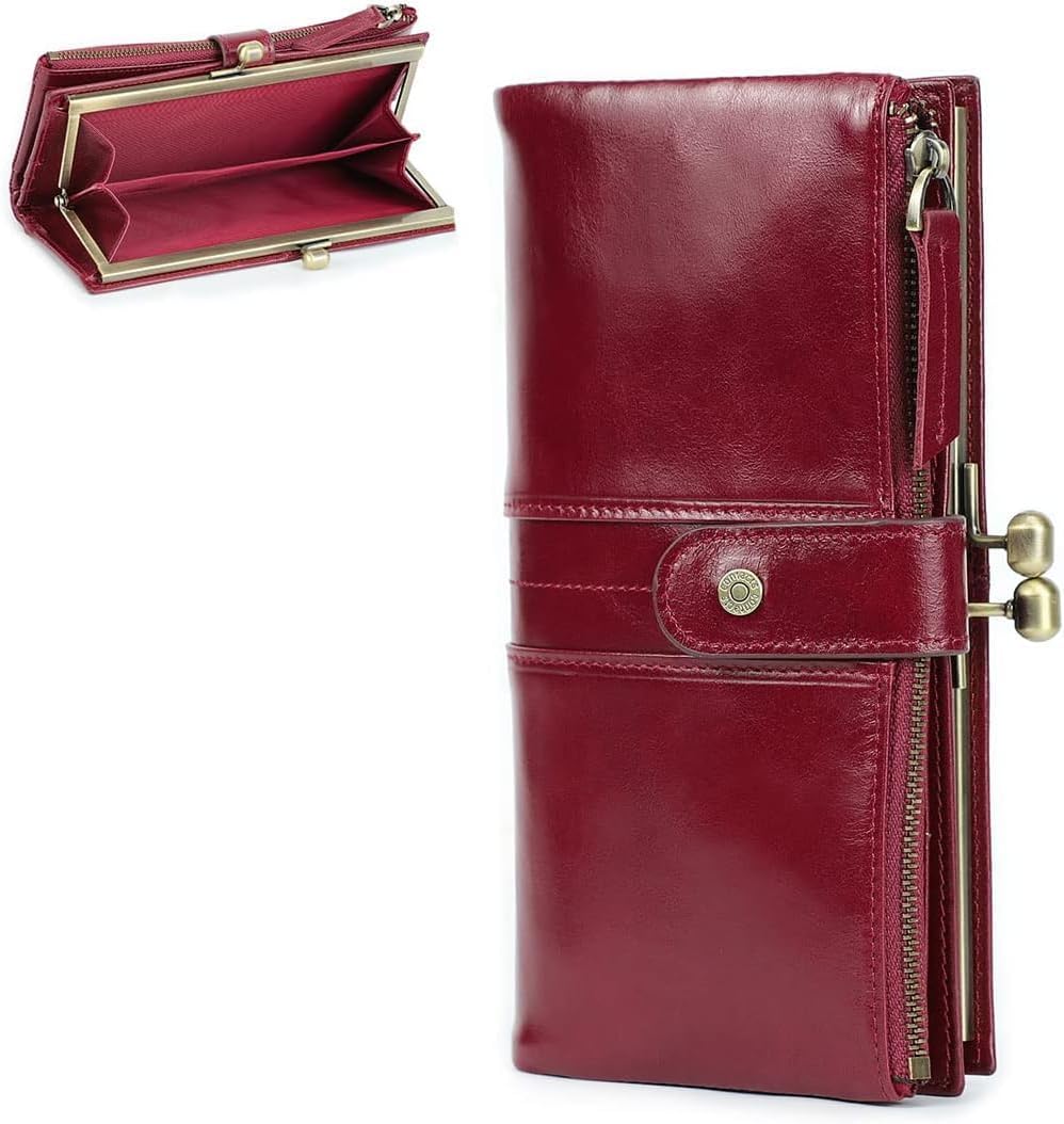 Kiss Lock Genuine Leather Wallet for Women Vintage RFID Clutch with Zipper Coin Pocket & Phone Holder Red (Dark Blue)