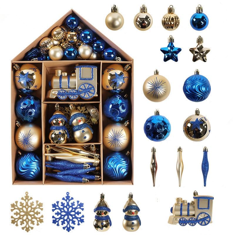 Weihnachtsschmuck-Set, 70-teilige Weihnachtskugeln und Hängedeko für den Weihnachtsbaum – Schneeflocke, Schneemann, Stern aus Holz und Glitzer für die Weihnachtsfeier (A)