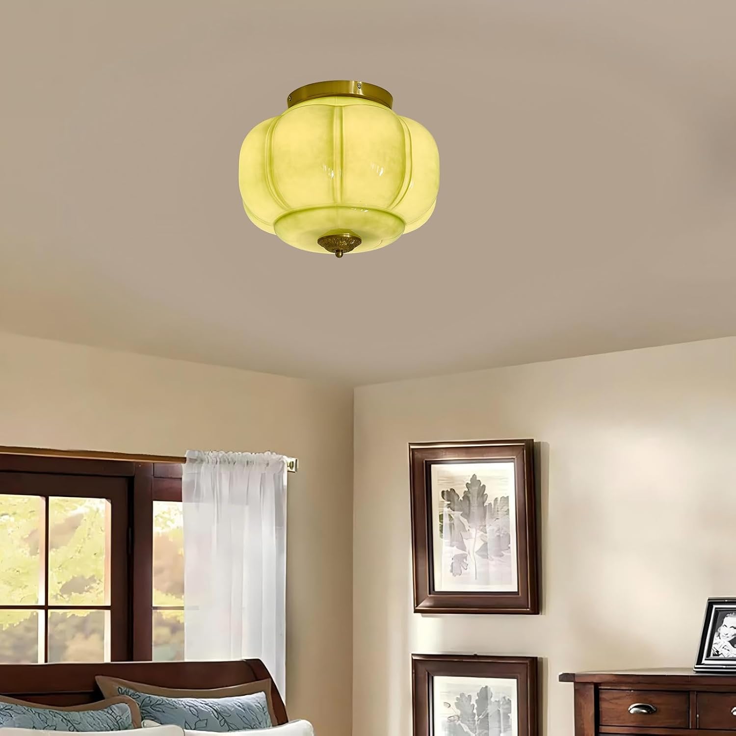 Vintage 3-Lights Milk Glass Ceiling Light, Mid Century Semi Flush Mount Ceiling Light Fixture, Chandelier for Living Room Dining Room Hallway Bedroom, 15 Inch, Pumpkin Ceiling Light, Green