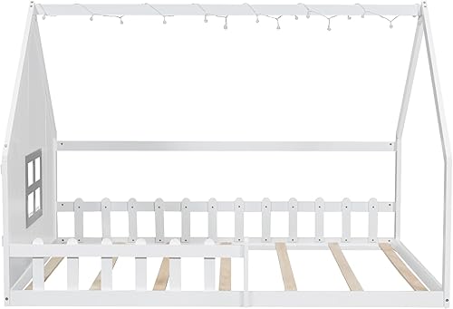 Miniatura 40 de Merax Cama de madera de tamaño completo con ventana y valla, marco de cama matrimonial para adolescentes, niños y niñas, gris