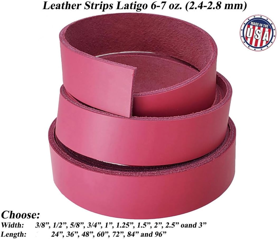 Pink Leather Strips 2 Inch Wide - Hot Pink Leather Straps up to 96 Inch Long – 6-7 oz. (2.4 – 2.8 mm) Latigo Leather Strips by Pitka Leather (2" x 48")