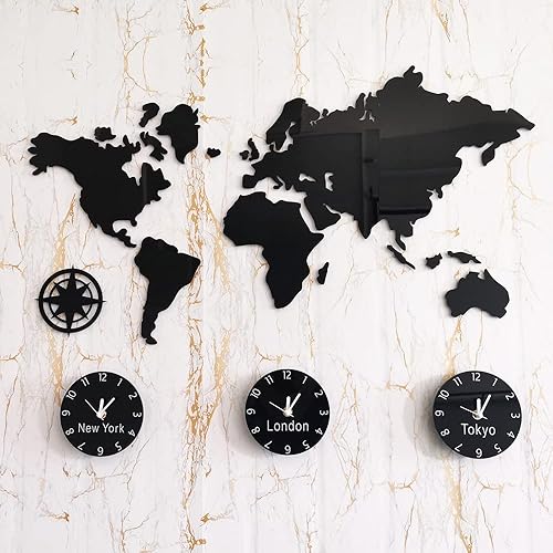 Miniatura 3 de The Geeky Days Reloj de pared grande con mapa del mundo, zona horaria personalizada, funciona con pilas, silencioso, sin tictac, decoración de pared