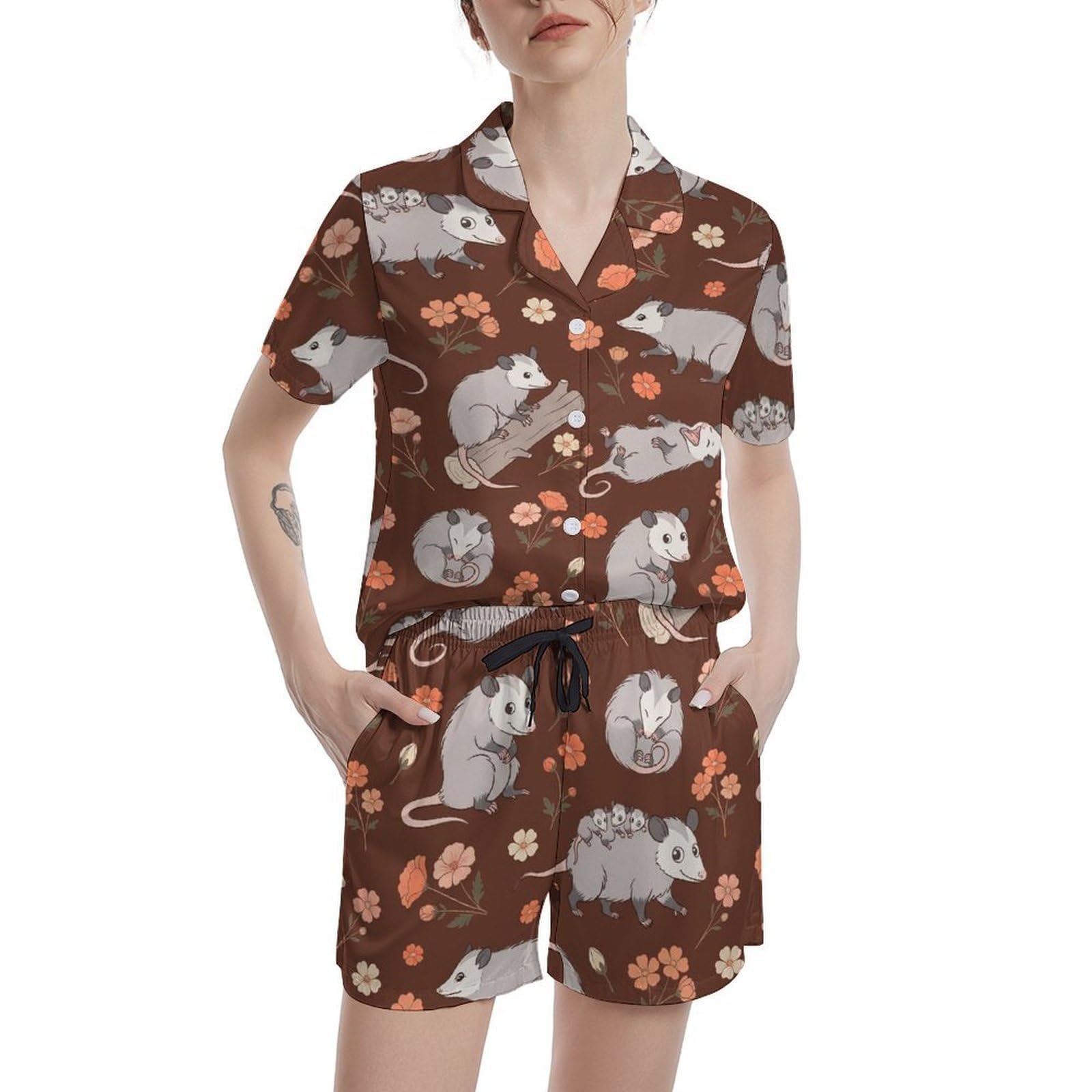Funny Pajamas for Women Set Print Satin Loungewear Pjs Short Sleeve Button Down Top and Shorts Sets Sleepwear XS-3XL
