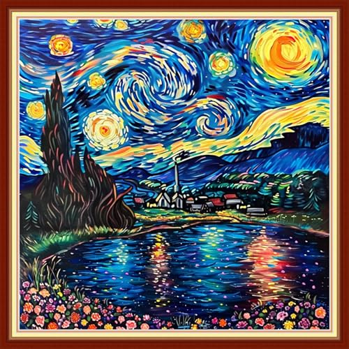 Image of Foxdiviy Stamped Cross Stitch Kits for Beginners Full Range of Cross Stitching 11 CT Printed Cross Stitch Kits for Adults Cross Stitch Patterns Needlepoint Kits-Van Gogh Starry Night 18x18 inch