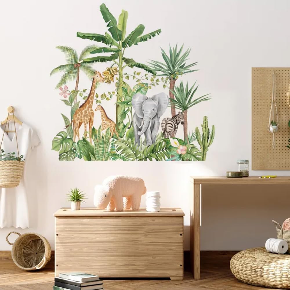 AMERTEER Jungle Animal Wall Stickers | Removable Safari Wall Decals for Kids Room | Nursery Decor with Giraffe, Elephant, Zebra Vinyl Jungle Theme Wall Art for Baby Room | Boys Girls, Toddlers Bedroom