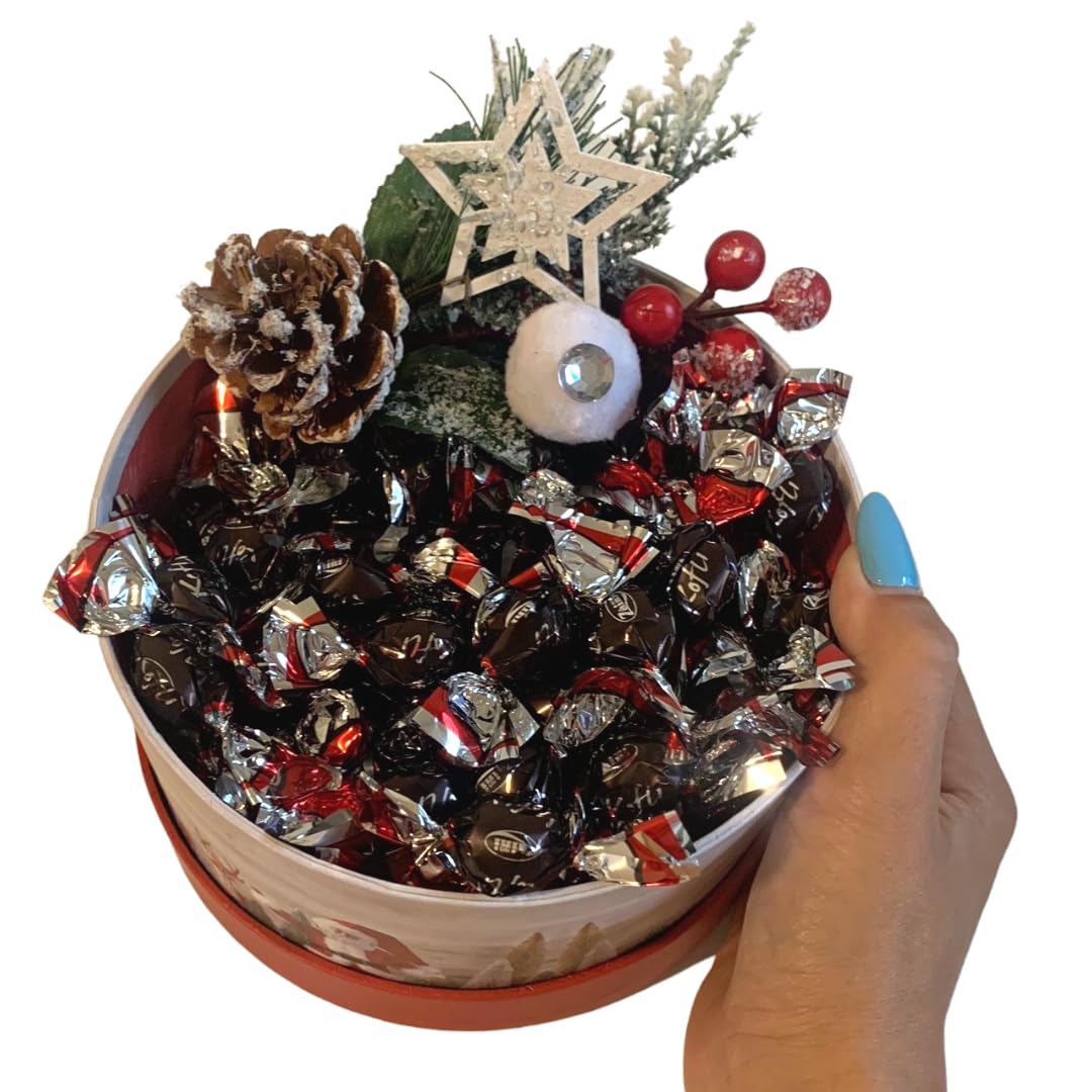 Regalo di Natale 2024 - Scatola Natalizia Tonda + 200gr Koflì Chicchi di Caffè Ricoperti di Cioccolato Fondente + Ramo di Bacca Decorativo - Confezione Regalo (200G KOFLI')