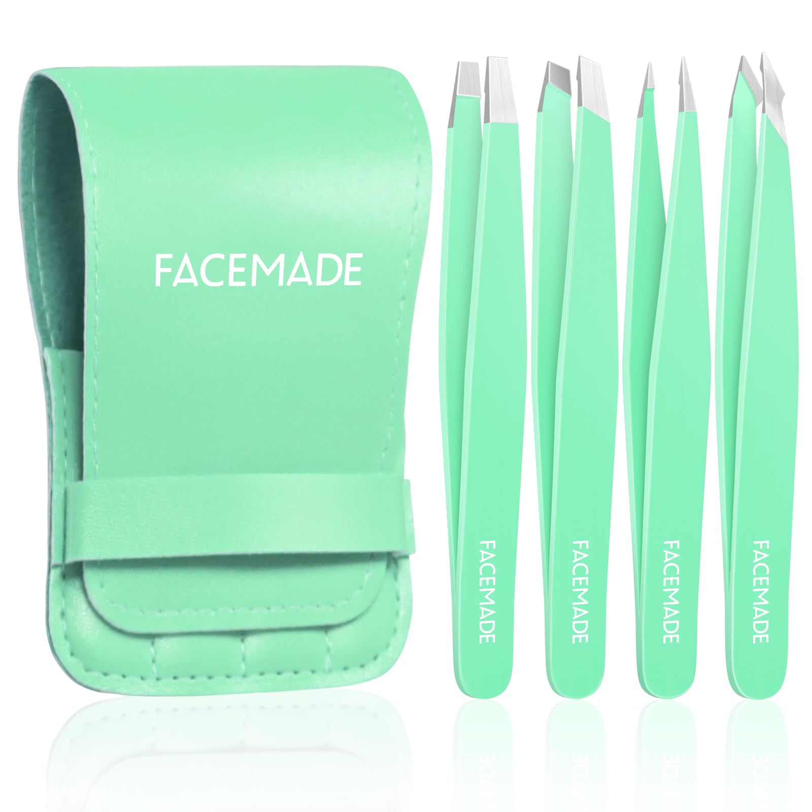 FACEMADE 4 Pack Tweezers Set - Professional Stainless Steel for Men and Women, Precision Eyebrow Tweezers for Facial Hair, Chin, and Ingrown Hair Removal (Green)