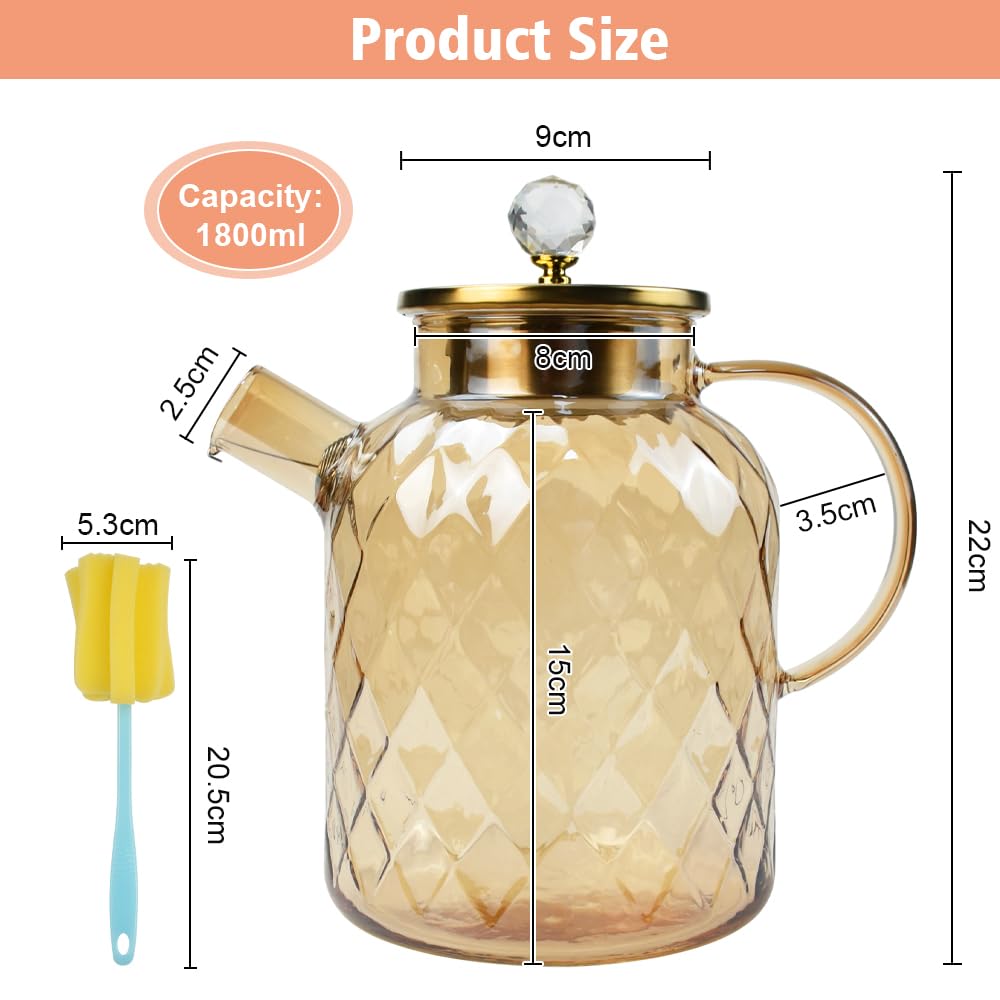 Théière en Verre 1.8L Résistance à Température -20℃-150℃ Théière Originale Théière en Verre Borosilicate Théière Transparente en Verre Théière Marocaine Transparente en Verre Ambre