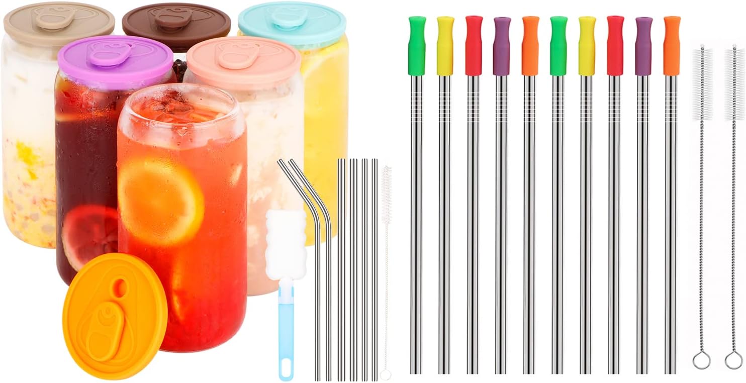 HuaQi Glass Cups with Lids and Straws 6pcs Set with Set of