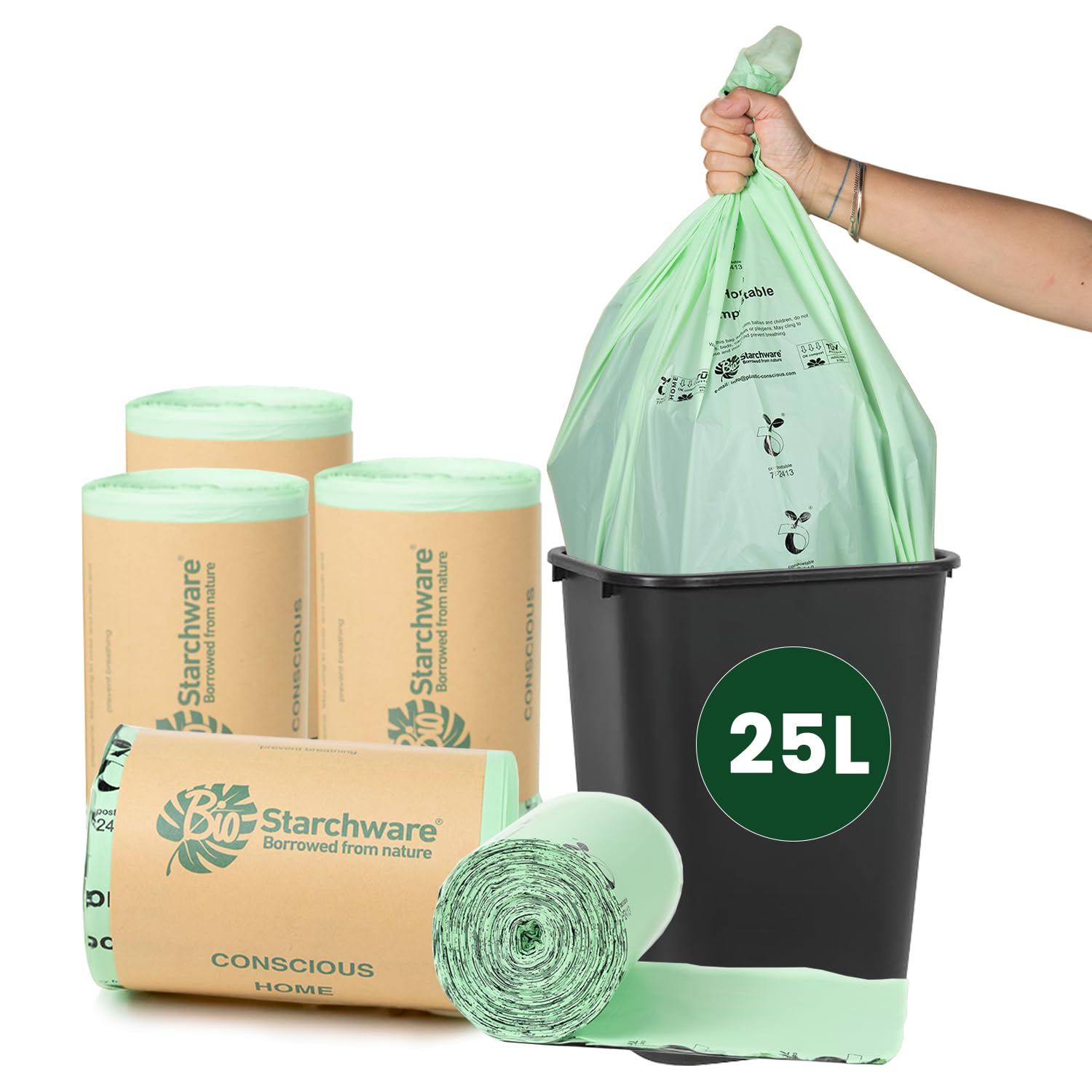 ECONX 25 Litre X 100 Biodegradable Bin Liners Bags - Food Waste Bags 25L Caddy Bags - Recycled Kitchen Food Waste Compost Liners Garbage Rubbish Bag for Kitchen, Office, Bathroom, Garden