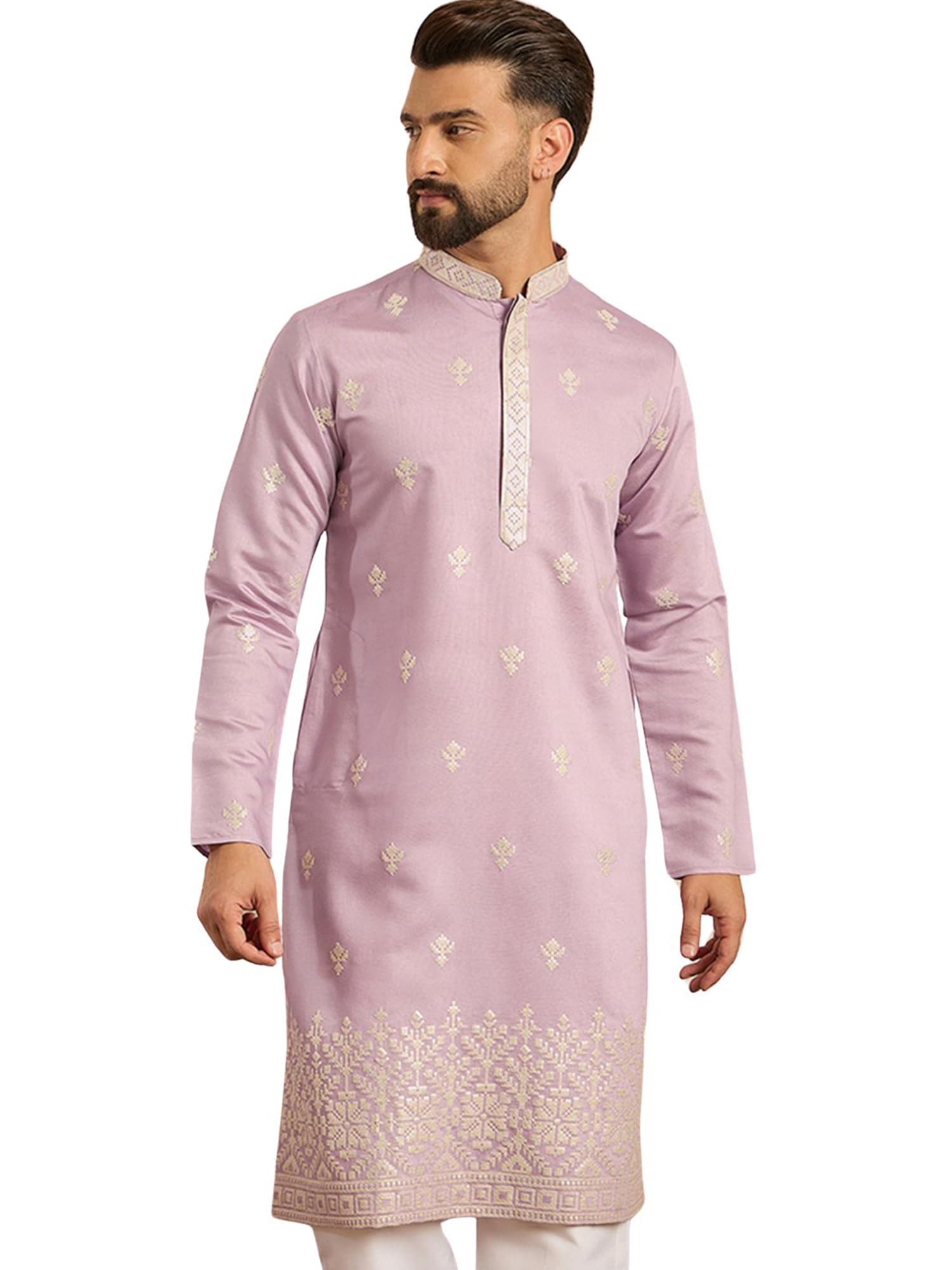 Mens Lavender Polyester Embroidered Solid Calf Length Kurta | Men's | Kurta for Men | Straight Fit Kurta's for Men's-picture-11