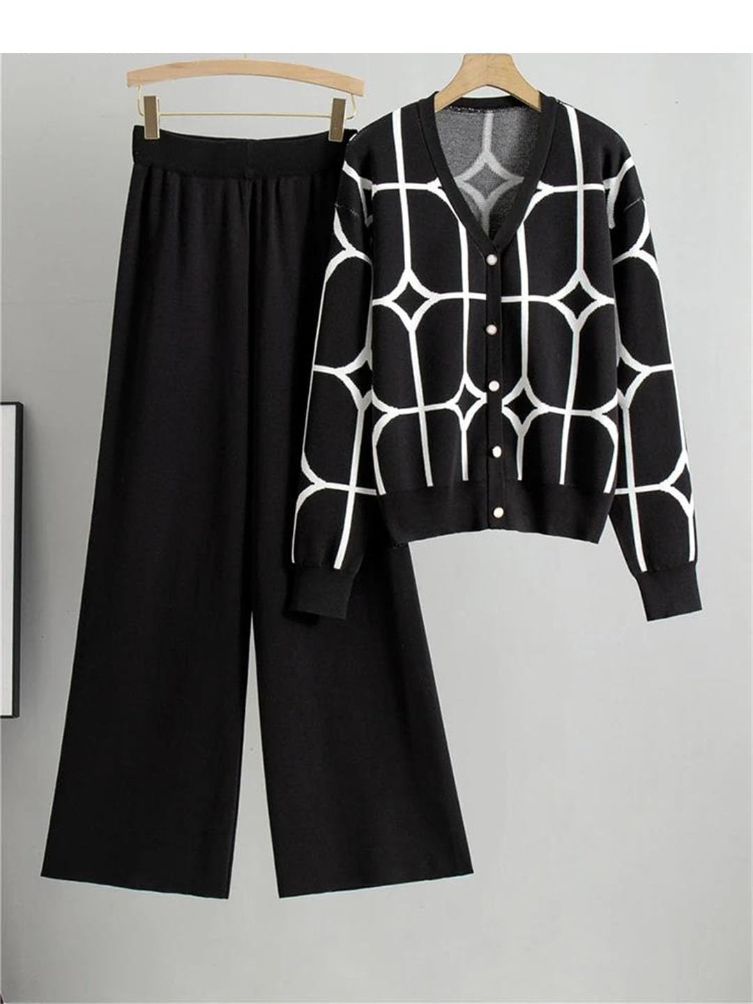 Set maglione da donna con scollo a V e stampa a maniche lunghe cardigan cappotti abiti a vita alta pantaloni a gamba larga
