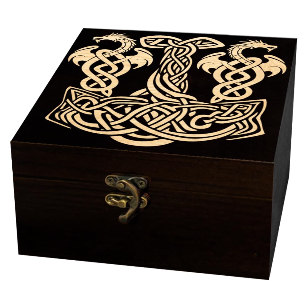 arricraft 1 Pc Wooden Keepsake Storage Box, Viking Dragon Knot Hammer Square Pine Memory Box for Anniversary Jewelry Board Storage 12x12x6cm (4.72x4.72x2.36 inches) — image 1