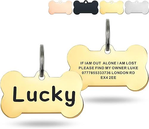 Etiquetas para perro grabadas para mascotas, de acero inoxidable de alta gama, grabadas con láser, resistentes a los arañazos, con cualquier nombre,
