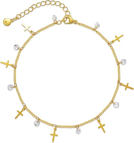 Cross Anklets for Women 18 Gold Plated Dainty Gold Cross Crystal Anklet Bracelets for Women Teen Girls, Adjustable, Handmade Anklets