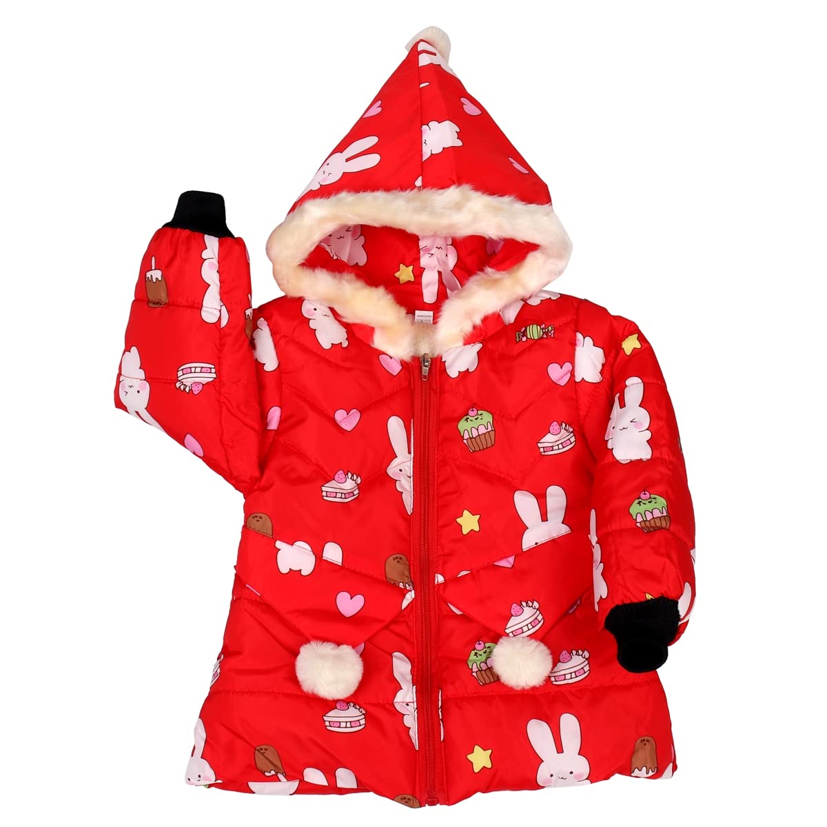 Bold N Elegant Bunny Rabbit Fur Winter Warm Quilted Bomber Puffer Hood Jacket Coat for Infant Toddler Kids (Red, 3-4 Years) 2