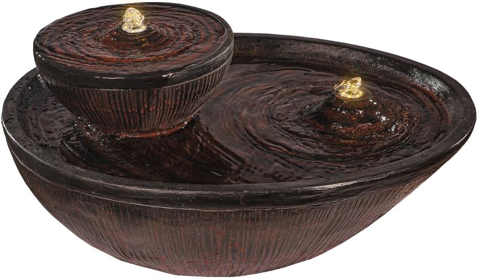 – YAHOME Double-Tiered Zen Tabletop Fountain, Polyresin & Fiberglass Waterfall Fountain, Electric Water Fountain with LED Light, Freestanding Fountains for Indoor/Outdoor Relaxation, Event & Home Decor