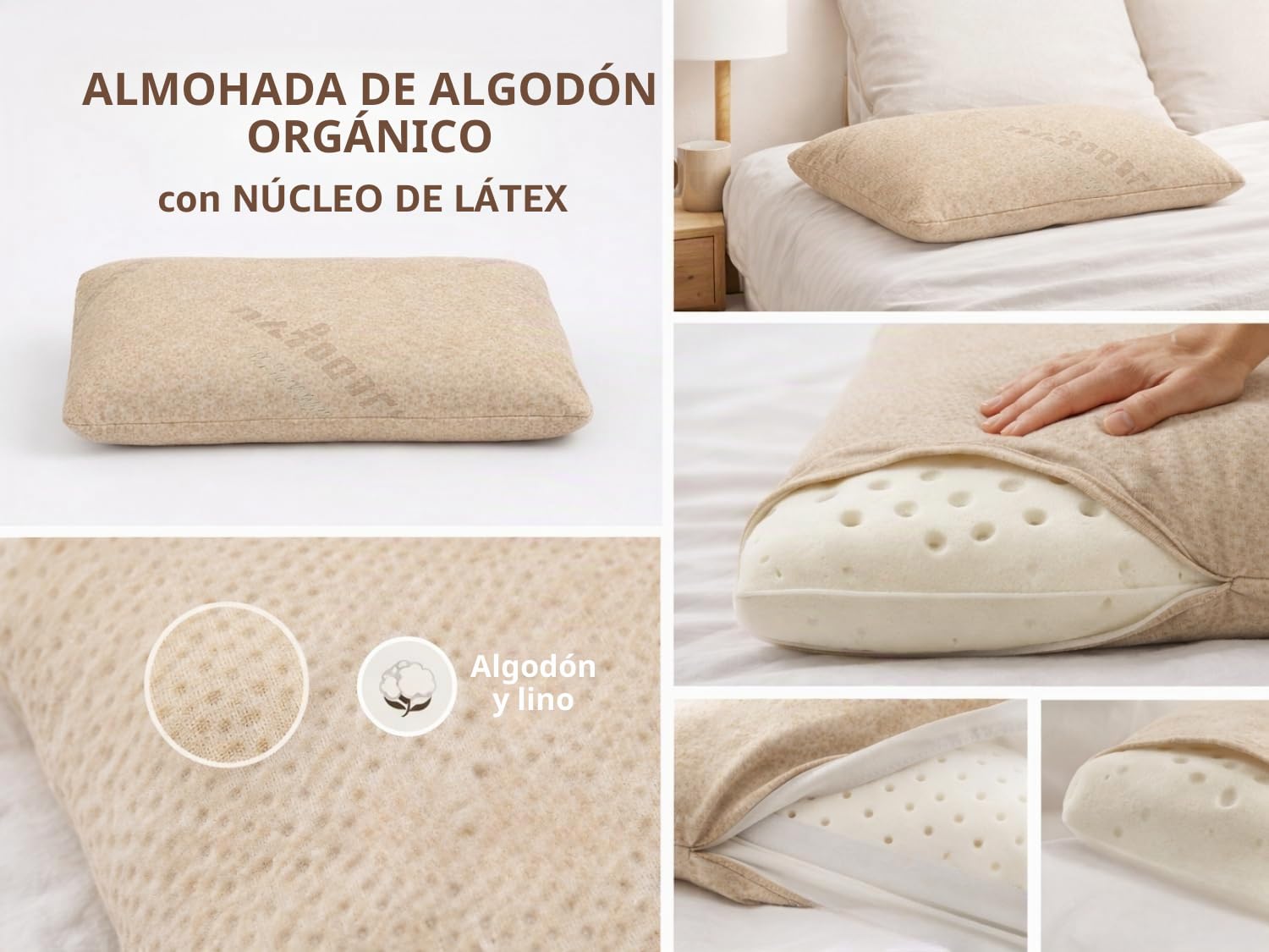 DREMADI Almohada de Latex 100% con Funda de Algodon y Lino 70X40, 12 CM, orgánica, Alivio de la presión Cervical, Desenfundable y Lavable. Ergonómica