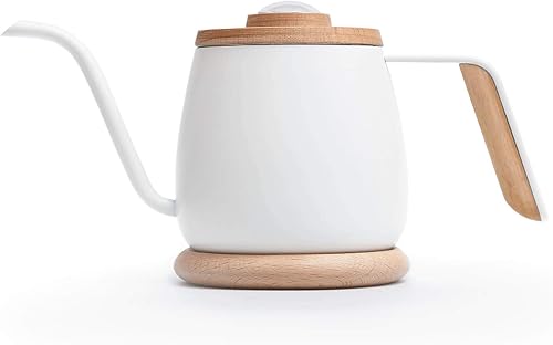 SimpleReal - Tetera de café con termómetro, cuello de cisne para café y té, estilo japonés TAMAGO, cuerpo de acero inoxidable con tapa de madera, 12
