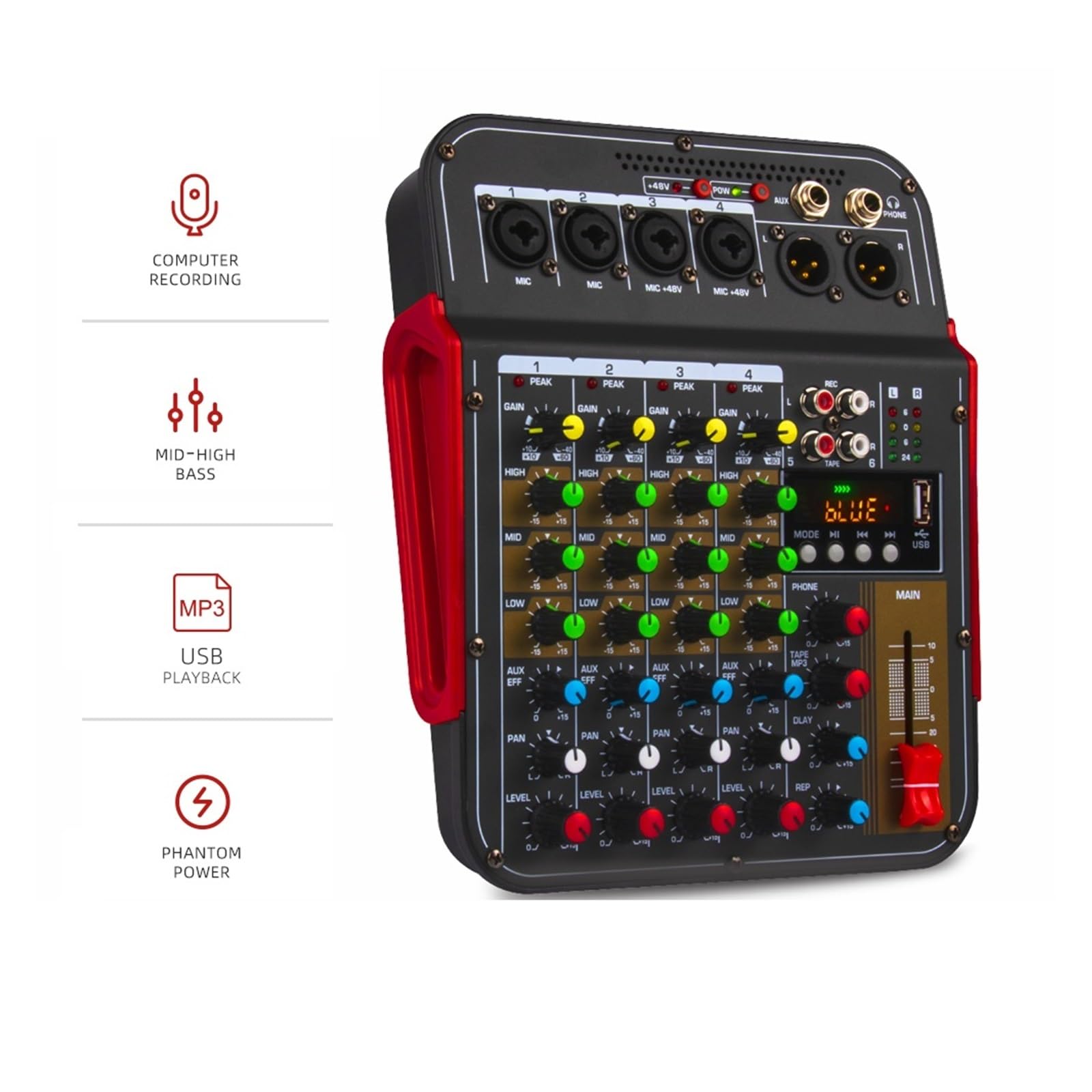 DJ-Audiomixer 6-Kanal-Audiomischer, Tragbares Mischpult, USB-Schnittstelle, 48 V Phantomspeisung, Audio-Mischverstärker Mit Effekten, Mischpult