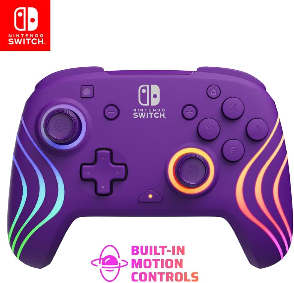 PDP Gaming Afterglow Wave Wireless Nintendo Switch Pro Controller - Officially Licensed, Nintendo Switch 2, Switch Lite/OLED, RGB LED Customization, App Controls, Rechargeable Battery Power - Purple