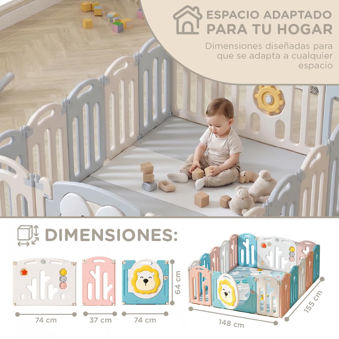Parque Infantil 185x154cm Corralito para Juegos de Bebe Plegable con Puerta LED y Canasta con 20 Bolas y Paneles de Seguridad HDPE Sin BPA Parque Bebé Interior y Exterior Rana Desarrollo Gateo