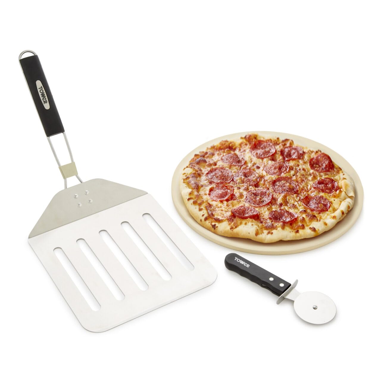 Tower T932025 3Pc Bbq Pizza Tool Set Includes Pizza Stone, Cutter, Paddle, Suitable For 12Ins Pizzas, Stainless Steel