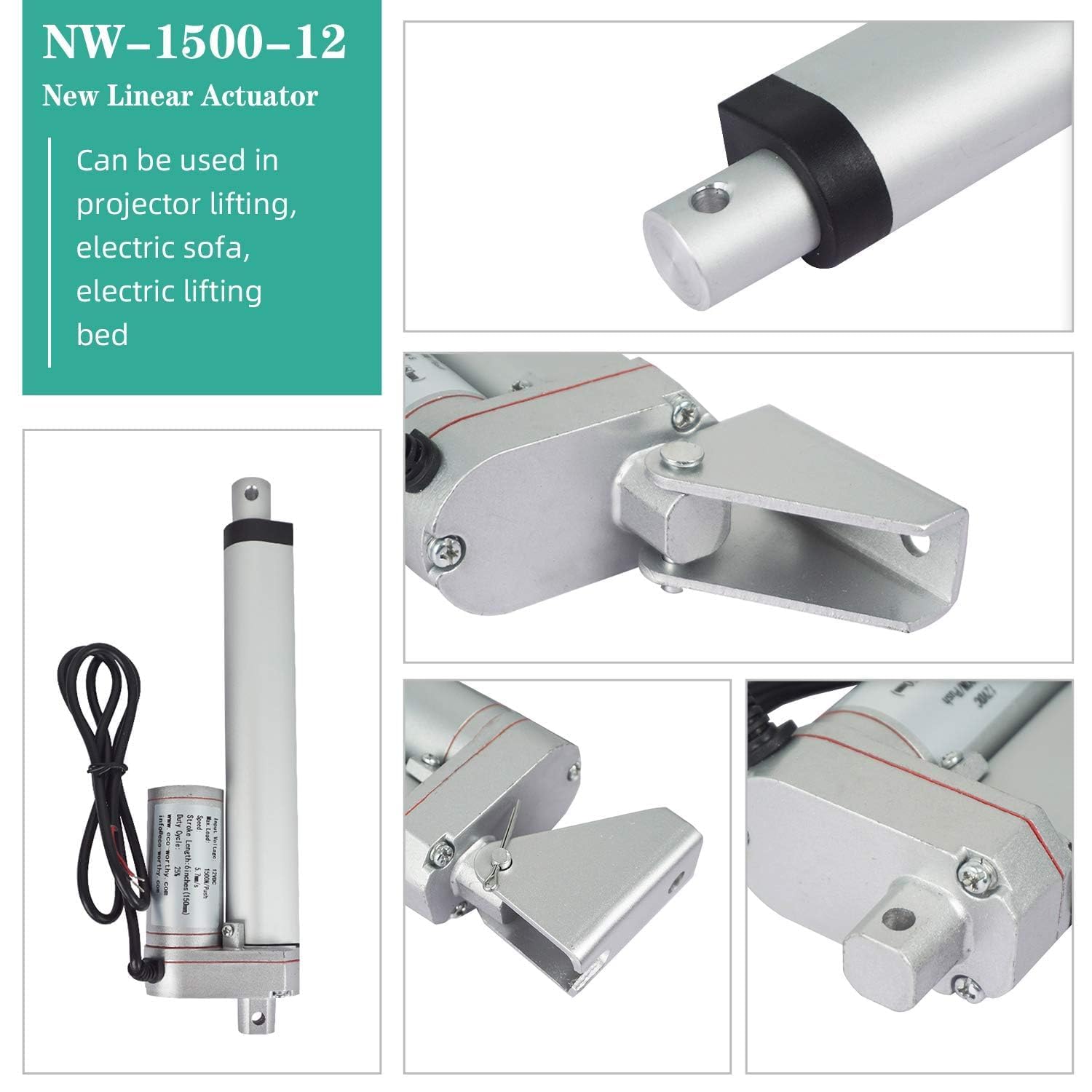 DCHOUSE Lot de 2 actionneurs linéaires robustes 12V, course de 50mm, moteur de levage maximal de 150kg, kit de télécommande sans fil avec supports de montage (1500N, 2 pouces)