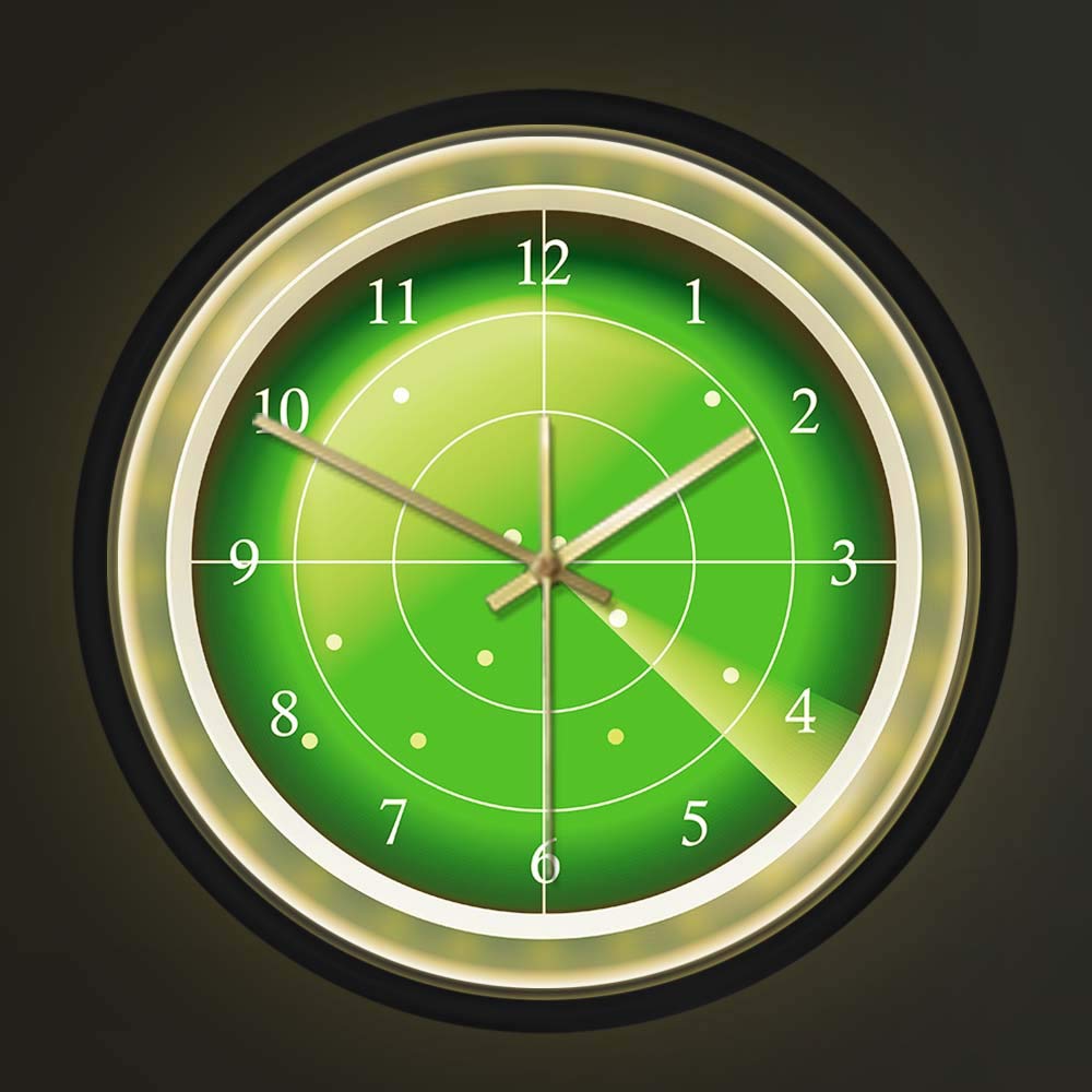 Geek Alerts Voice Control LED Light Clock, Military Green Radar Designer Silent Quartz Metal Frame Wall Clock Hud Screen with Target Wall Art Aircraft Scanning Air Traffic Wall Watch
