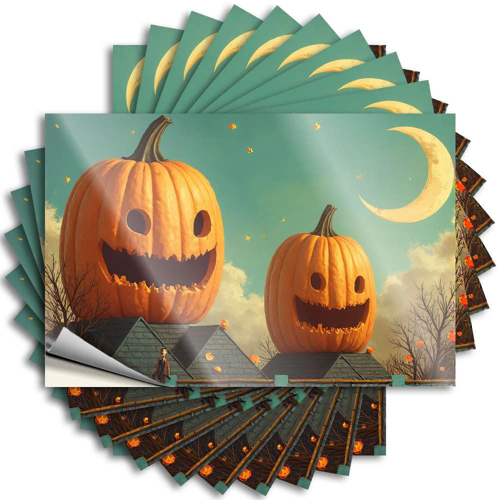 Decals Work Gamer Crazy Hard Halloween Pumpkins On Rooftops with A Crescent Moon. - Scratch Resistant Stickers(8X12CM)