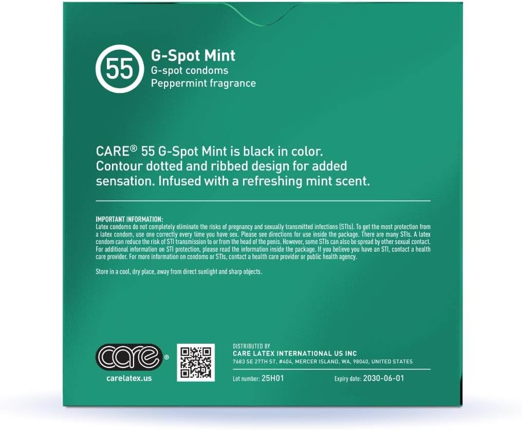 CARE 55 Black G-Spot Condoms – Dot & Rib Dual Texture, Natural Rubber Latex, Peppermint Scent, 800mg Lubricant, Premium Metallic Box, Individually Wrapped