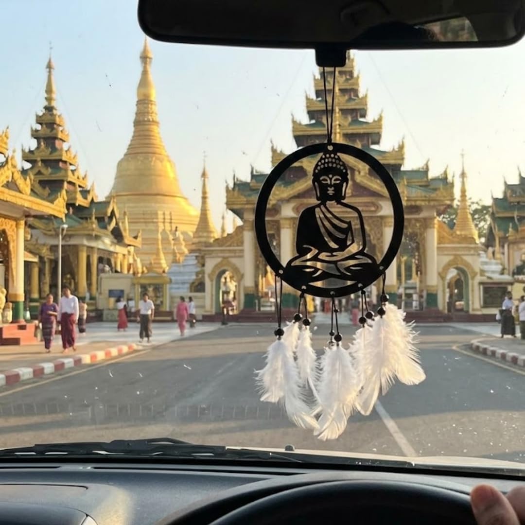 Buddha Dream Catcher Car Hanging | Acrylic Buddha Car Rear View Mirror Hanging Ornament with White Feathers | Spiritual Auto Decor for Positive Energy, Meditation & Protection-image-10