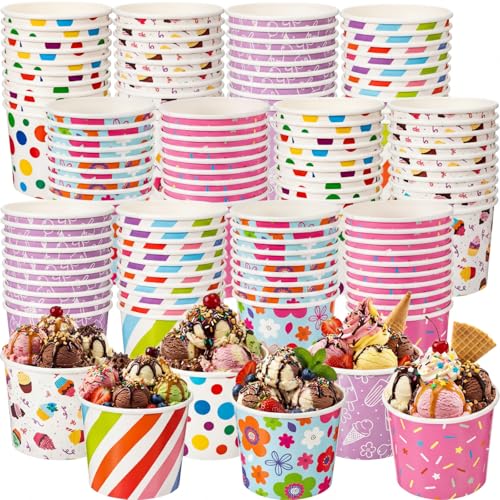 Gandeer 120 Pcs Ice Cream Paper Cups Bulk 6oz 180ml Disposable Ice Cream Bowls for Sundae Frozen Yogurt Soup Summer Birthday Party Supplies