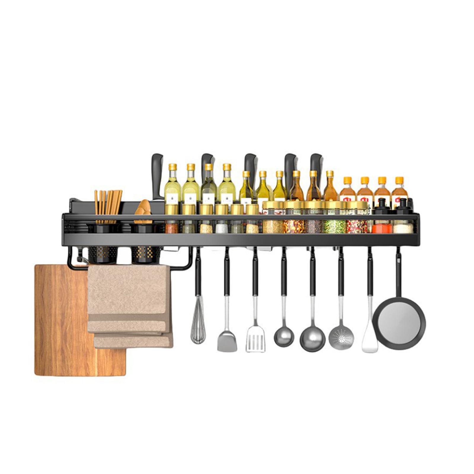 Spice Rack Wall Mount,Kitchen Hanging Storage Shelves Wall Seasoning Organizer Kitchen Knives Rack with 2 Utensil Holders and 8 Hooks Bear The Weight ：50kg/110lbs Black 50cm