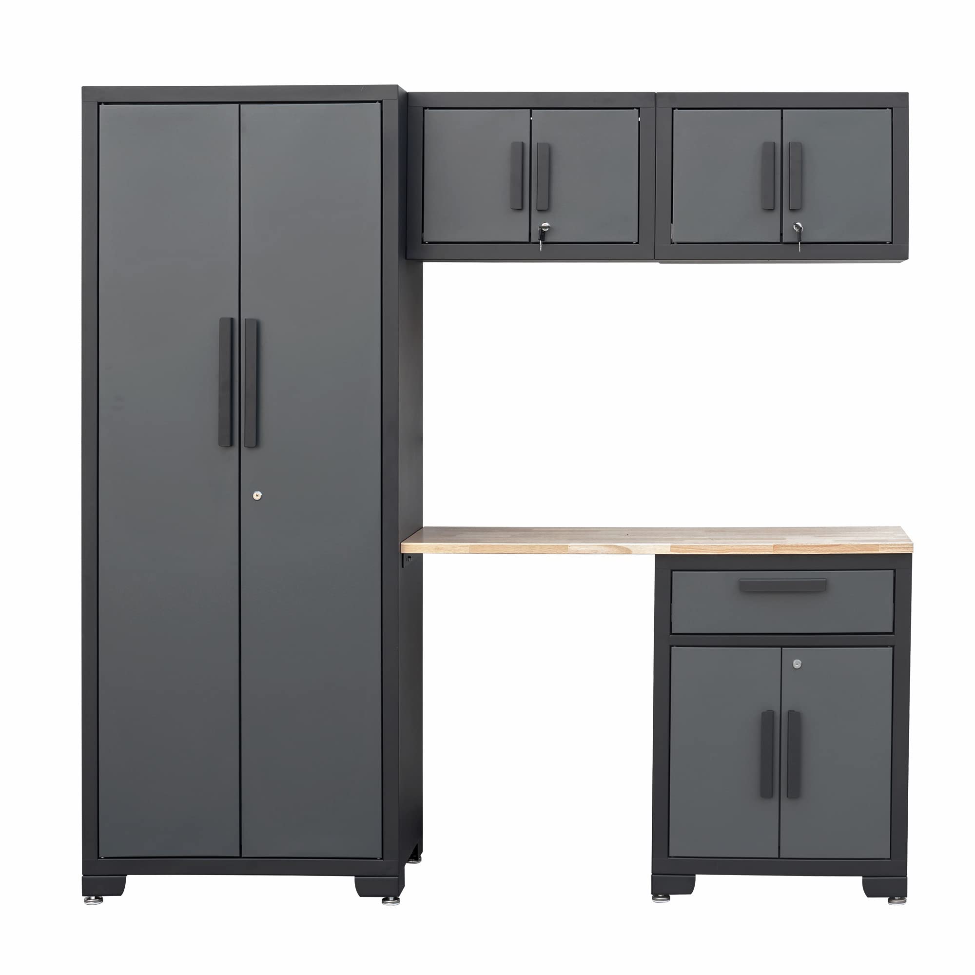 TCE5 Piece Garage Set: Workshop Organizer Chest with Lockers, Shelves and Wood Workbench, Black/Grey Tool Storage Cabinet