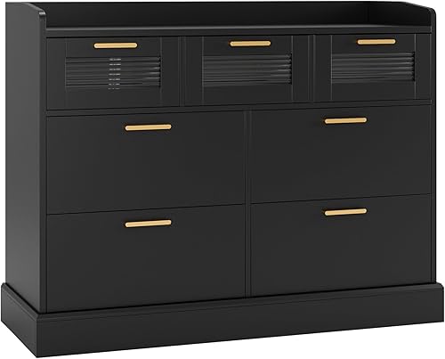 Miniatura 8 de HOSTACK Cómoda doble moderna de 7 cajones para dormitorio, cómoda ancha con valla, organizador de almacenamiento de madera con mango dorado y vidrio