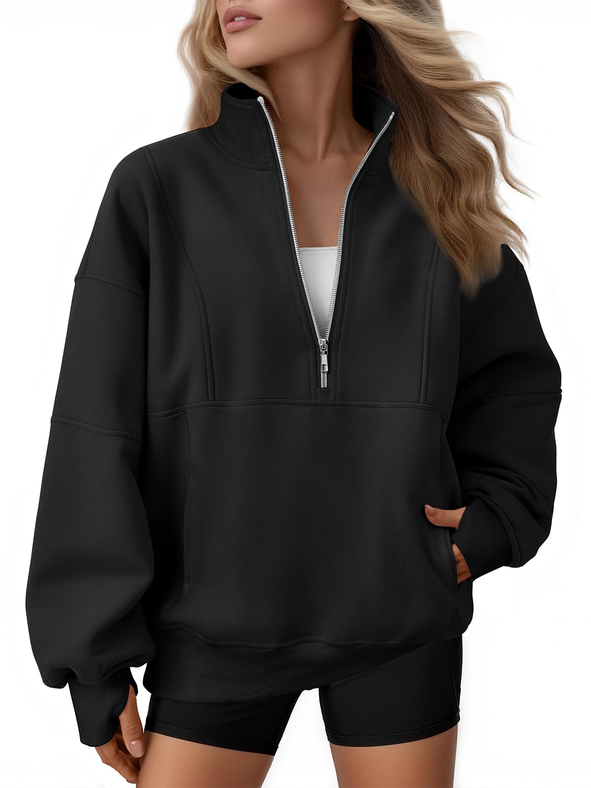 AUTOMET Women's Quarter Zip Oversized Sweatshirt Fleece Mock Neck Pullover | Half Zip, Front Pockets, Thumb Holes, Loose Mock Turtleneck Hoodies, Cozy Jackets, 2026 Fall Outfits, Winter Teacher Clothe