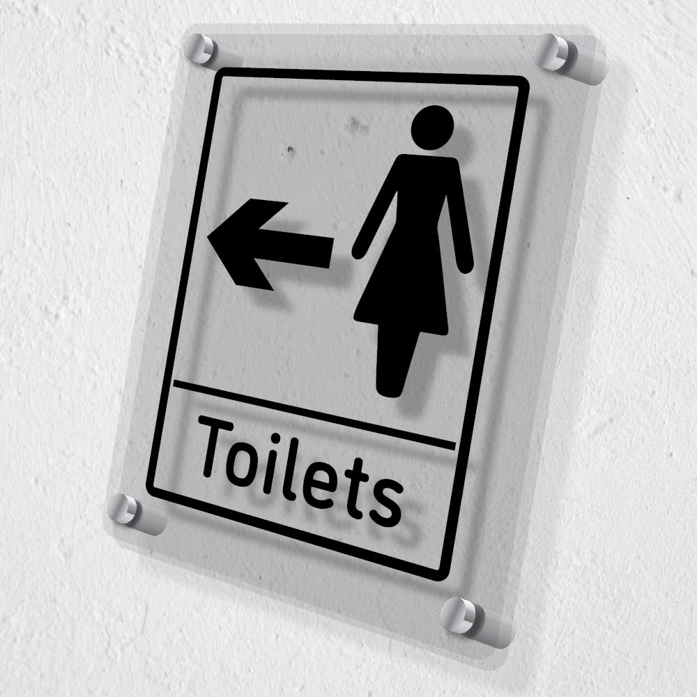 V Safety Women's Toilets - Arrow Left Acrylic Sign 150x200mm - Durable, Shatterproof Directional Signage, Clear - Image 2