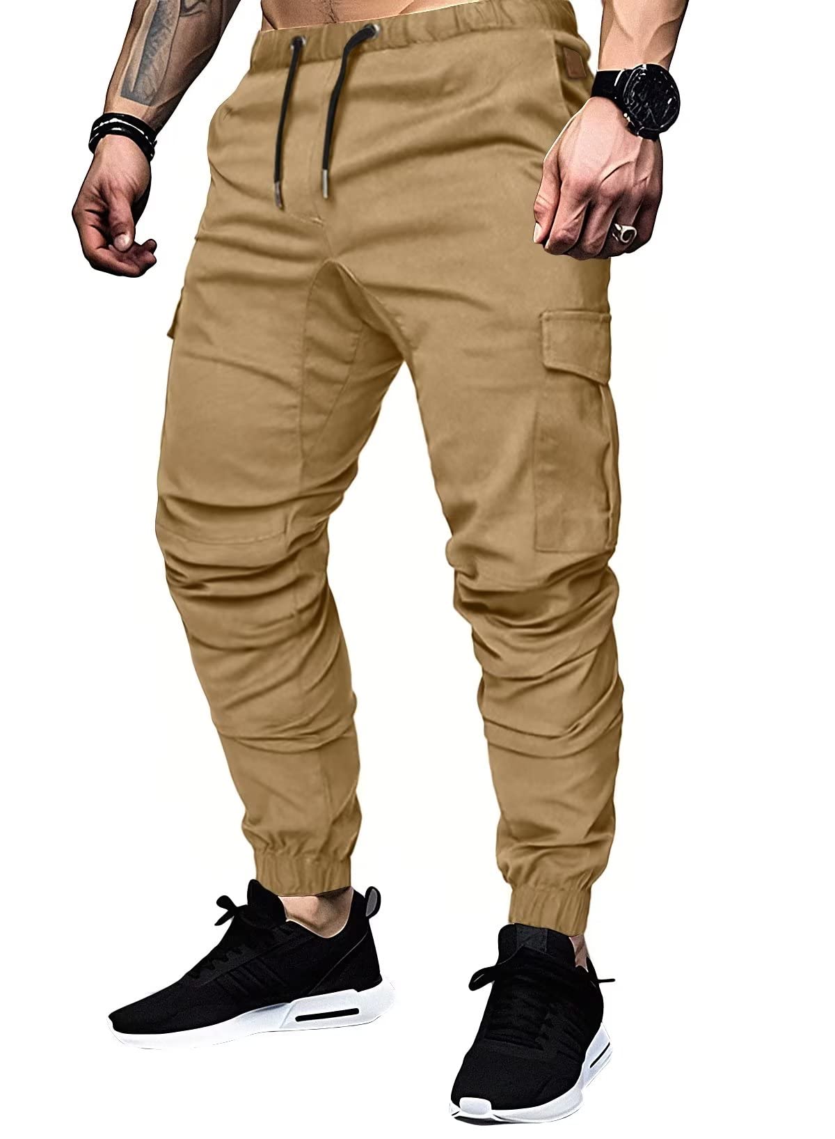 Elegancity Dunkel Khaki Cargohose Herren Chino Hose mit 6 Taschen Cargo Hose Stretch Jogginghose für Männer mit Bundgummi Elastische Hosen XL