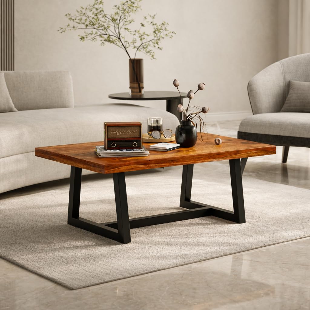 Modern Coffee Table with Open Storage Shelf – Minimalist Rectangular Center Table With Black metal fram for Living Room, Office, and Lounge – Durable Engineered Wood, Easy Assemblyr (Black & Brown)