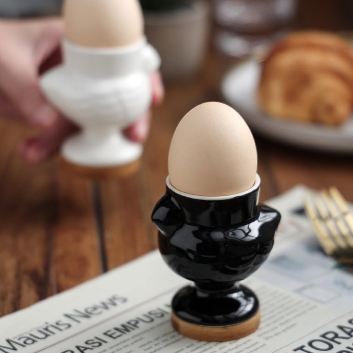 Ceramic Chick Shape Egg Cup Holder for Dining Table Black
