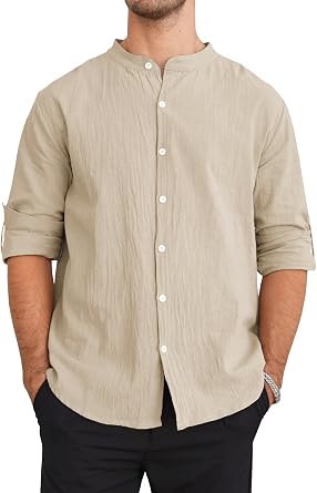 Linen Shirts for Men 2025 Fall Casual Long Sleeve Button Down Dress Shirts Banded Collar Summer Beach Tops