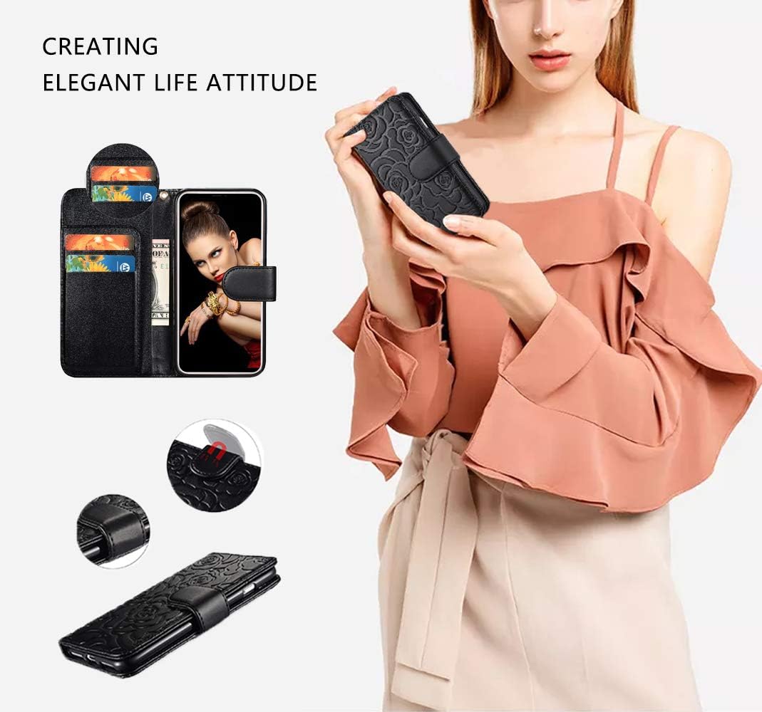 FLYEE Case Compatible with iPhone 6 Plus(2014)/iPhone 6s Plus(2015) 5.5 inch,Wallet Case for Women with Card Holder,Premium Vintage Embossed Flowers Wallet case Skin with Detachable Wrist Strap-Black