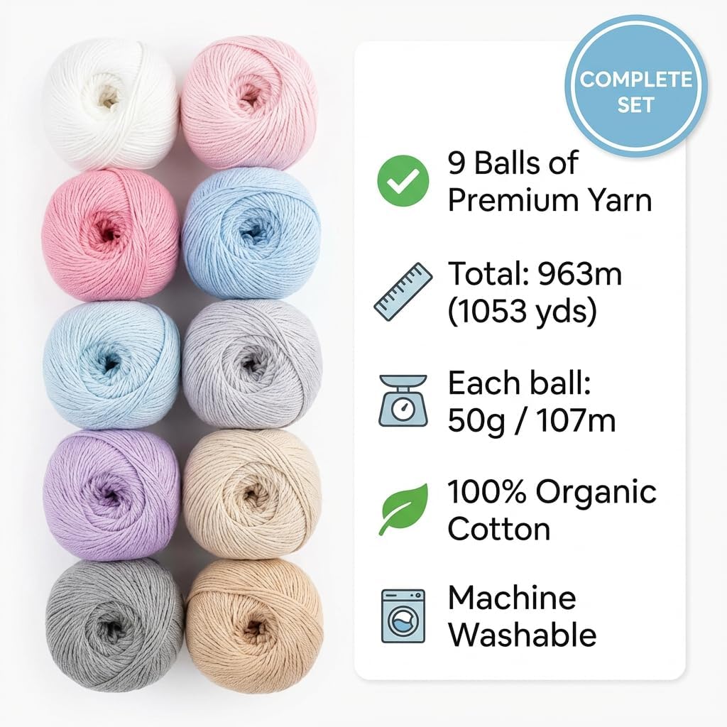 About Strings 100% GOTS Organic Cotton Yarn - 9 Pastel Colors Box Set, Split-Resistant True DK Weight, Machine Washable, Baby Safe, 963m Total (50g x 9 Balls) for Crochet Knitting (Pastel)