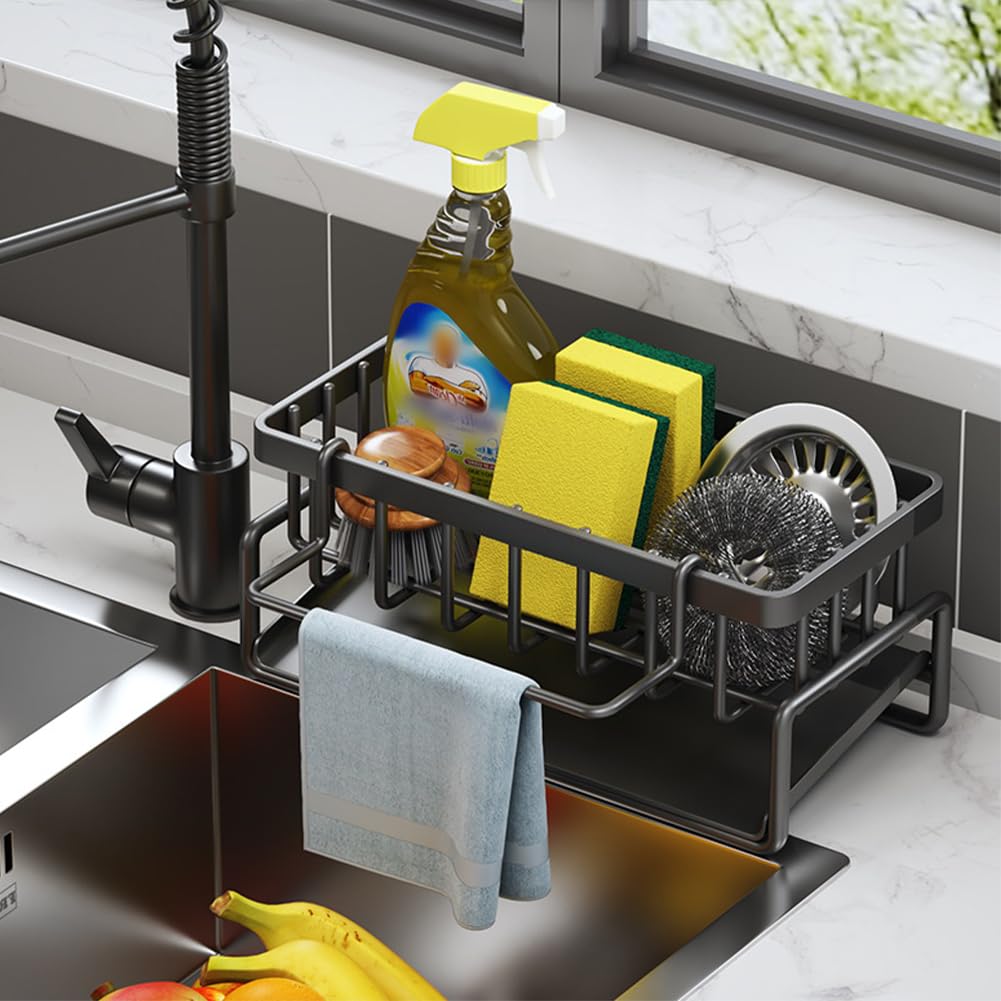Ainiv Sink Caddy Organizer, Sponge Holder with Self Draining Tray, Bathroom Sink Tidy