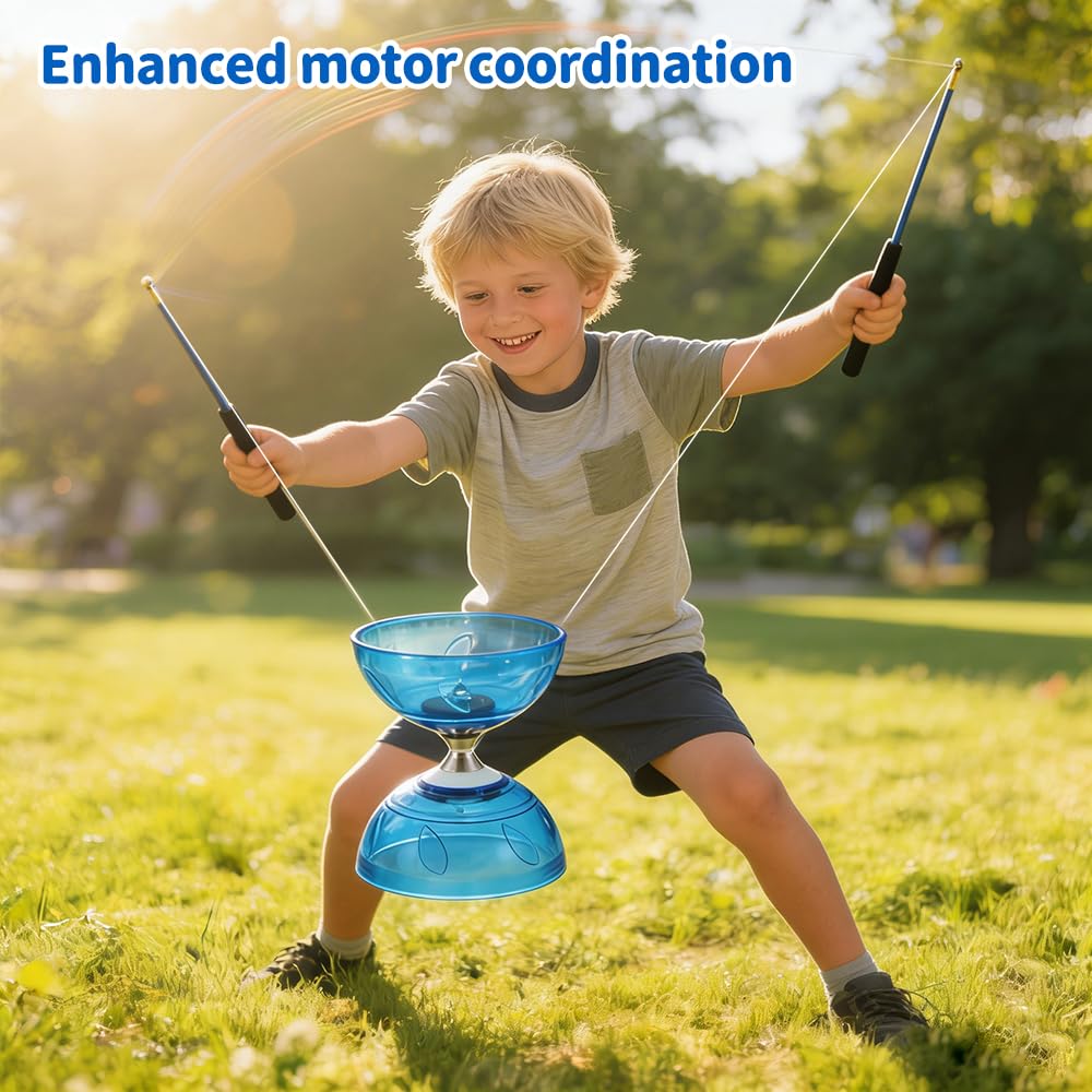 Diabolo Freiläufer mit kugellager Dreifache Lagerung Set, Diabolo mit Kugellager, Diabolos Leuchtend im Dunkeln mit Stange, Netzbeutel, Ersatzseil 10m, Geschenk für Anfänger und Profis (Blau)