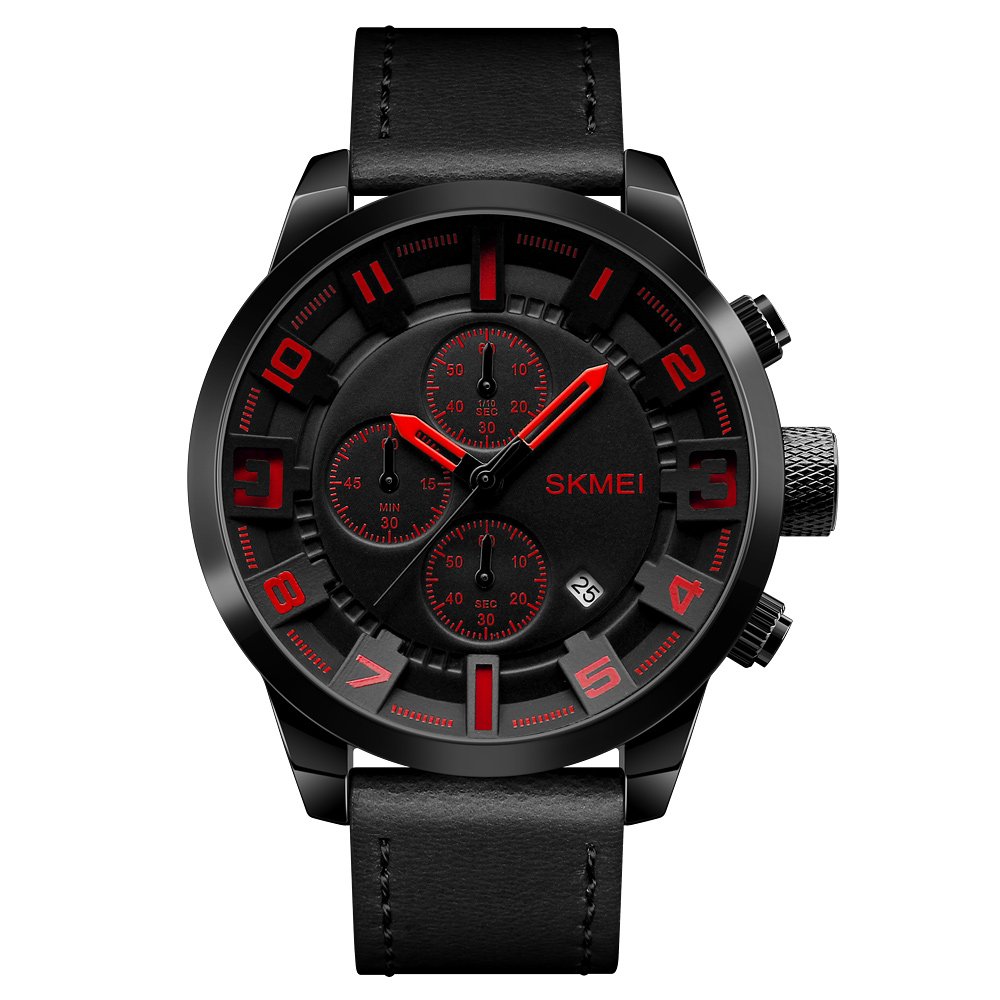 Gosasa Men's Black Casual Watches Men Big Dial Chronograph Leather Waterproof Quartz Wristwatches (Red)