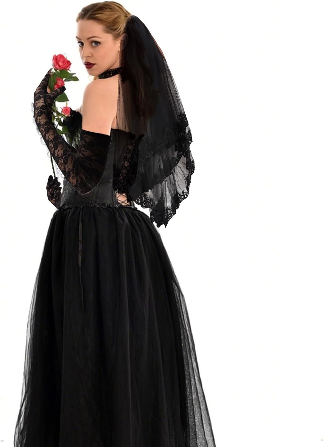 Semato Black Gloves and Black Veils for Women Bride Wedding Halloween Costume Party Accessories