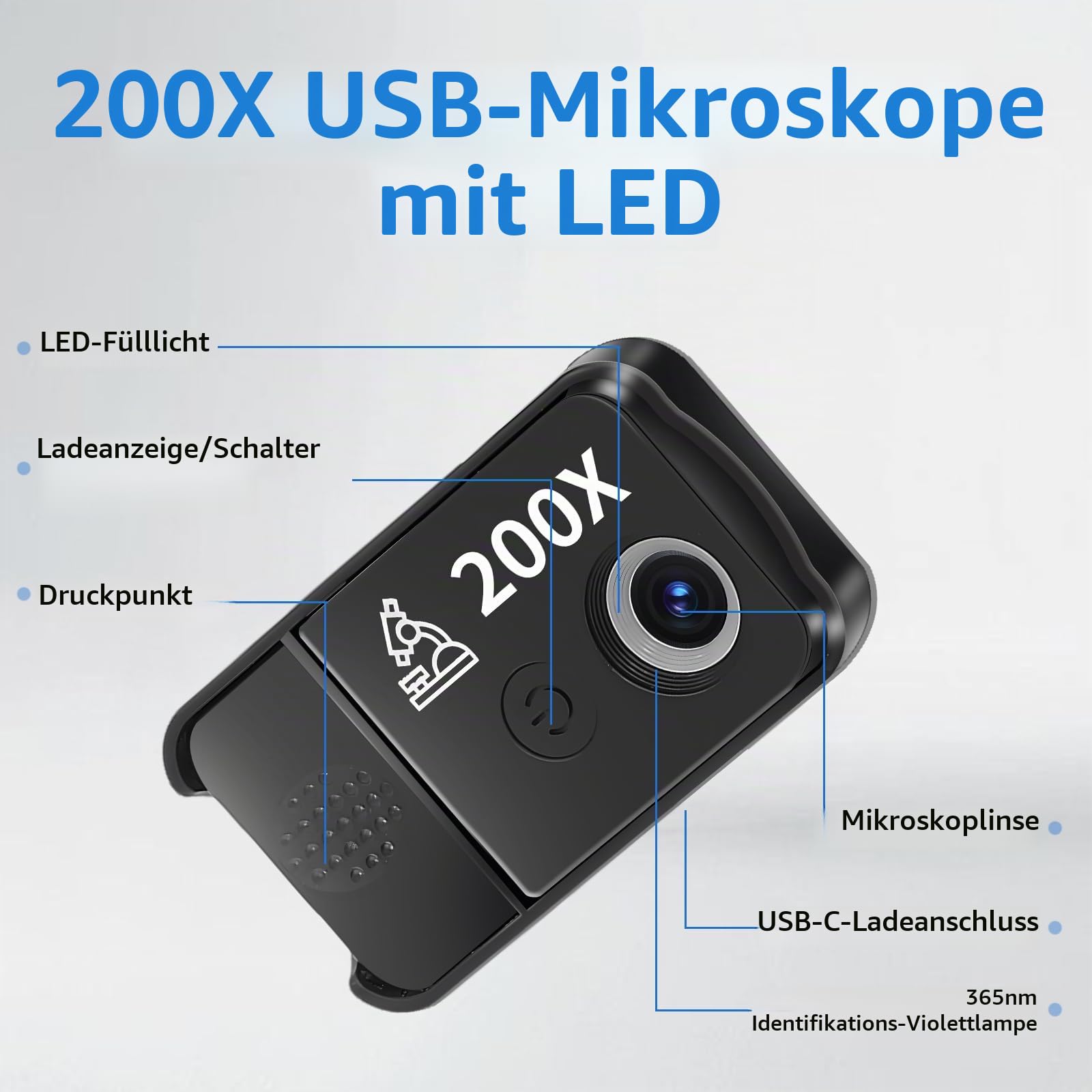 Handy Mikroskop, 200x USB Mikroskopen mit LED, Mini-Mikroskop für Smartphone Kamera, HD Digital Mikroskope mit CPL für Explore Micworld Digitales, Kompatibel mit iPhone und Android-Handy